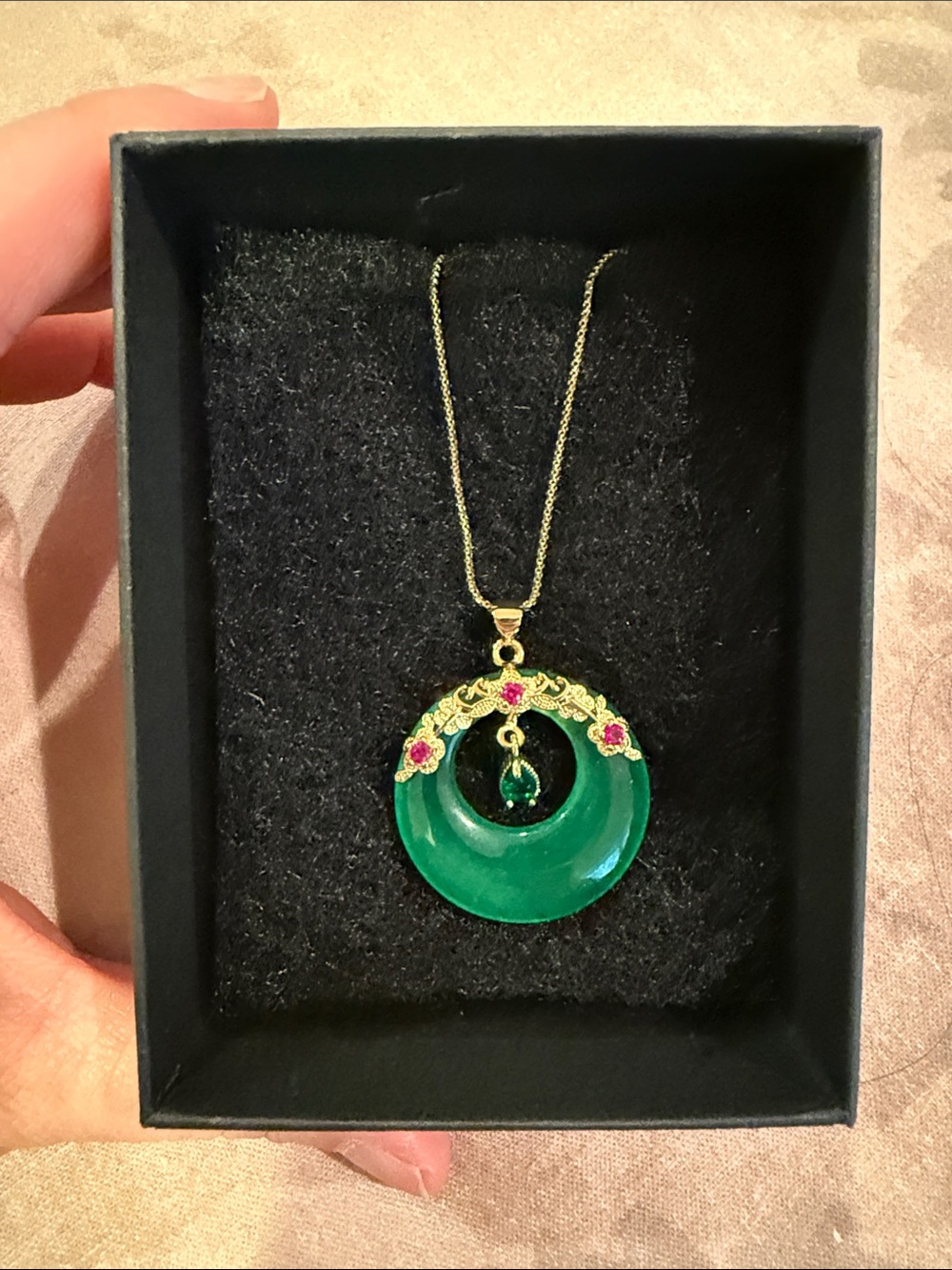 Gold-Tone Green Jadeette Pendant Necklace with Pink Accents